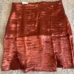 LYANER Women's Satin Lace Trim Split Slit Hem Zipper High Waist Mini Skirt Small